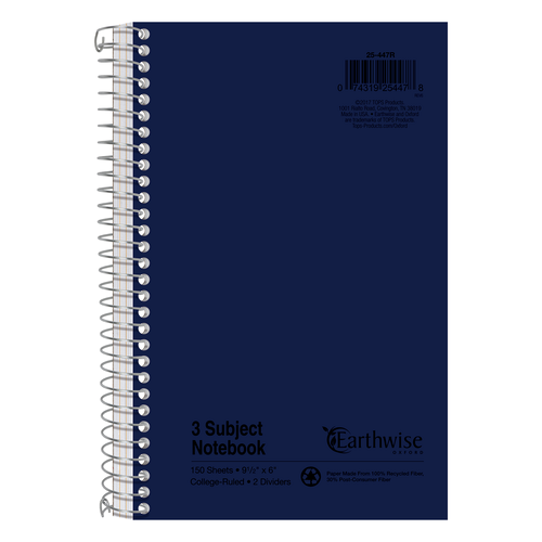 TOP25447R Earthwise® by Oxford® Recycled 3-Subject Notebook, 6" x 9-1/2", College Rule, 150 Sheets