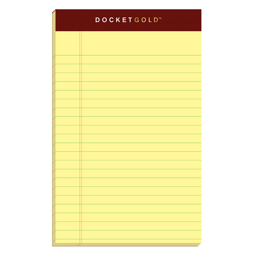 TOP99704 TOPS™ Docket Gold™ Writing Pads, 5" x 8", Jr. Legal Rule, Canary Paper, 50 Sheets, 6 Pack