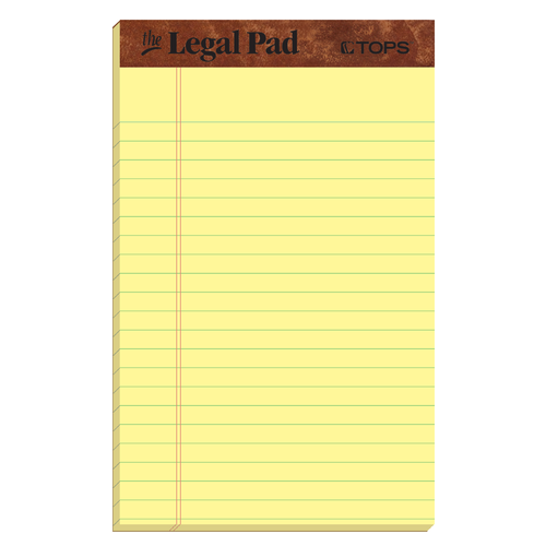 TOP75013 TOPS™ The Legal Pad Writing Pads, 5" x 8", Jr. Legal Rule, Canary Paper, 50 Sheets, 3 Pack