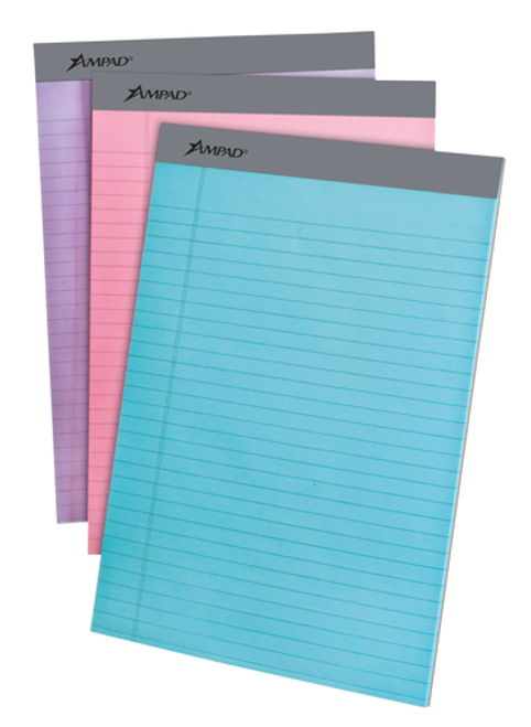 TOP20106 Ampad Perforated Pad, Assorted Pastel Colors, 8 1/2" x 11 3/4", 50 Sheets, Wide Ruled, 3 per pack (same color)