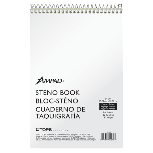 TOP25275 Ampad® Steno Books, 6" x 9", Pitman Rule, White Cover, Green Tint Paper, 80 Sheets, 12 Pack