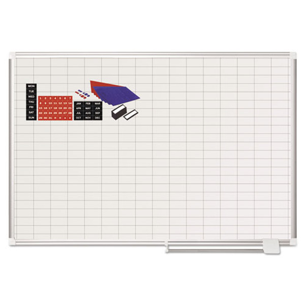 Gridded Magnetic Steel Dry Erase Planning Board With Accessories, 1 X 2 Grid, 48 X 36, White Surface, Silver Aluminum Frame