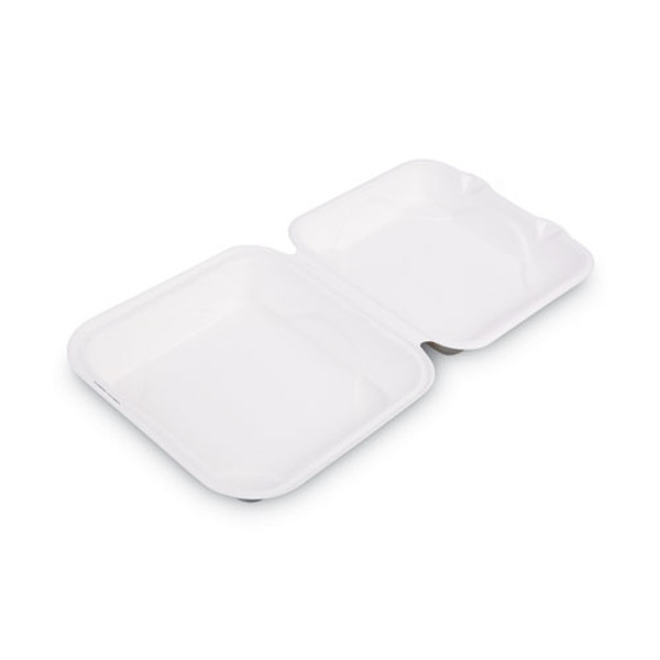 Bagasse Hinged Clamshell Containers, 9 X 9 X 3, White, Sugarcane, 50/pack, 4 Packs/carton