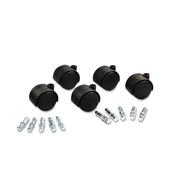 Deluxe Duet Casters, Grip Ring Type B And Type K Stems, 2" Soft Polyurethane Wheel, Matte Black, 5/set