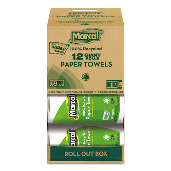 100% Premium Recycled Kitchen Roll Towels, Roll Out Box, 2-ply, 11 X 5.5, White, 140 Sheets, 12 Rolls/carton