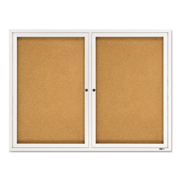 Enclosed Indoor Cork Bulletin Board With Two Hinged Doors, 48 X 36, Tan Surface, Silver Aluminum Frame