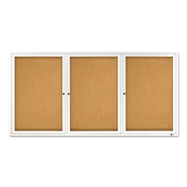 Enclosed Indoor Cork Bulletin Board With Three Hinged Doors, 72 X 36, Tan Surface, Silver Aluminum Frame