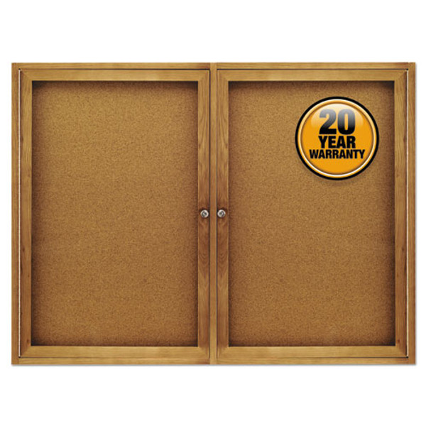 Enclosed Indoor Cork Bulletin Board With Two Hinged Doors, 48 X 36, Tan Surface, Oak Fiberboard Frame