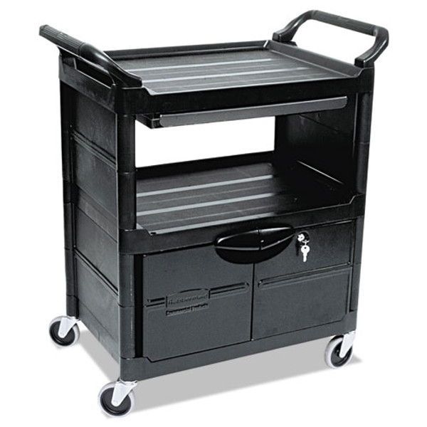 Utility Cart With Locking Doors, Plastic, 3 Shelves, 200 Lb Capacity, 33.63" X 18.63" X 37.75", Black