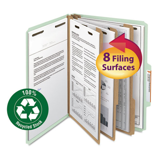 Recycled Pressboard Classification Folders, 3" Expansion, 3 Dividers, 8 Fasteners, Letter Size, Gray-green, 10/box