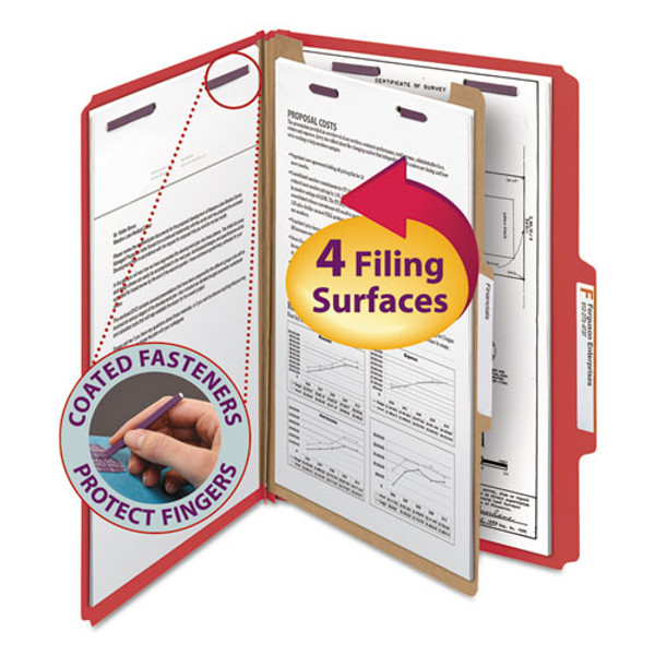 Four-section Pressboard Top Tab Classification Folders, Four Safeshield Fasteners, 1 Divider, Legal Size, Bright Red, 10/box