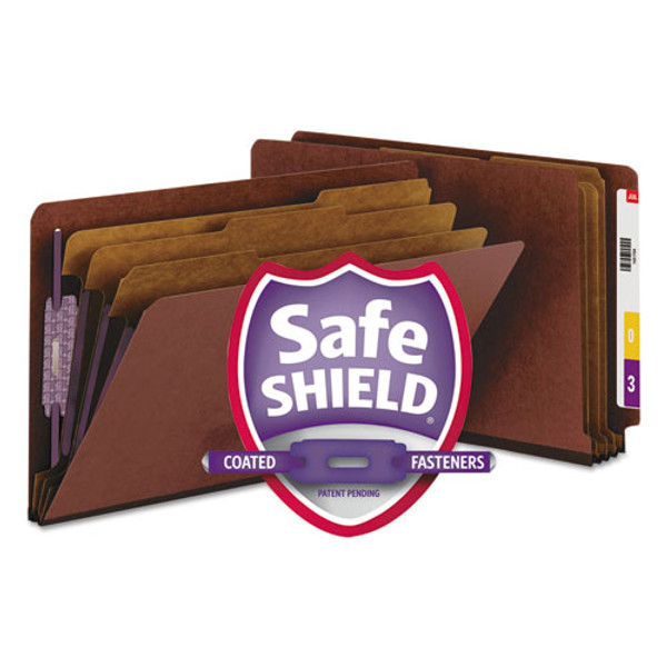 End Tab Pressboard Classification Folders, Eight Safeshield Fasteners, 3" Expansion, 3 Dividers, Legal Size, Red, 10/box