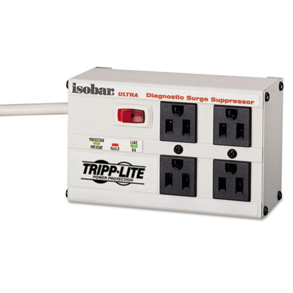 Isobar Surge Protector With Diagnostic Leds, 4 Ac Outlets, 6 Ft Cord, 3,330 J, Light Gray
