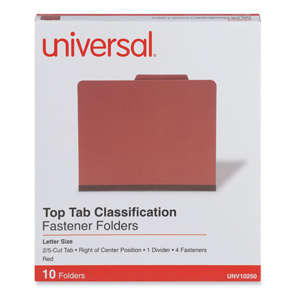 Four-section Pressboard Classification Folders, 2" Expansion, 1 Divider, 4 Fasteners, Letter Size, Red Exterior, 10/box