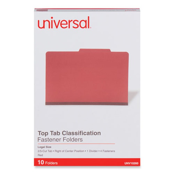 Four-section Pressboard Classification Folders, 2" Expansion, 1 Divider, 4 Fasteners, Legal Size, Red Exterior, 10/box - UNV10260