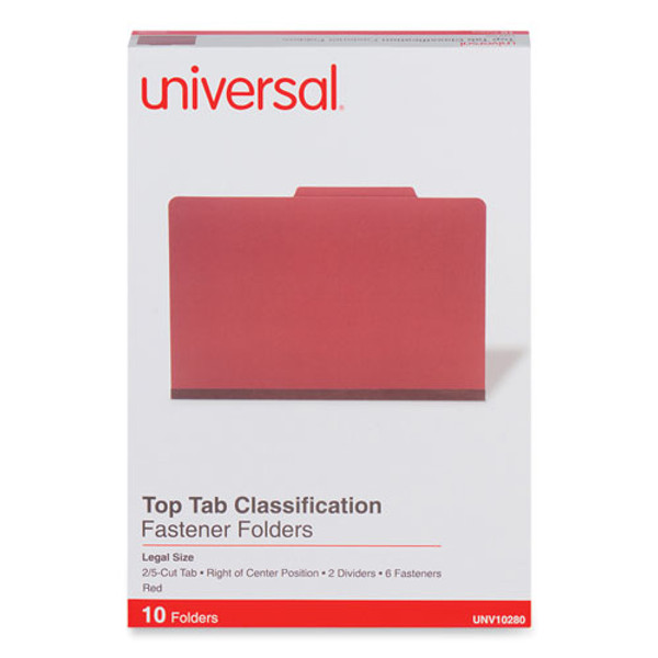 Six-section Pressboard Classification Folders, 2" Expansion, 2 Dividers, 6 Fasteners, Legal Size, Red Exterior, 10/box - UNV10280