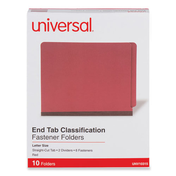 Red Pressboard End Tab Classification Folders, 2" Expansion, 2 Dividers, 6 Fasteners, Letter Size, Red Exterior, 10/box