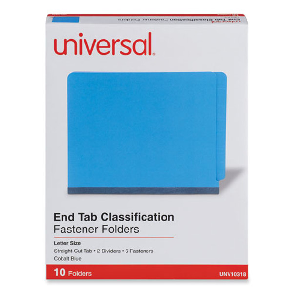 Deluxe Six-section Pressboard End Tab Classification Folders, 2 Dividers, 6 Fasteners, Letter Size, Cobalt Blue, 10/box