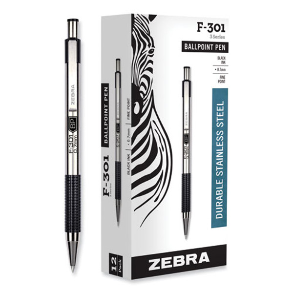 F-301 Ballpoint Pen, Retractable, Fine 0.7 Mm, Black Ink, Stainless Steel/black Barrel