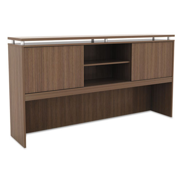 Alera Sedina Series Hutch With Sliding Doors, 72w X 15d X 42.5h, Modern Walnut