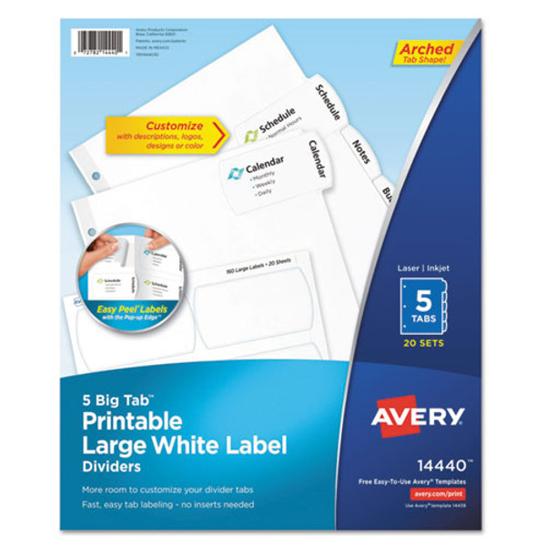 Big Tab Printable Large White Label Tab Dividers, 5-tab, 11 X 8.5, White, 20 Sets