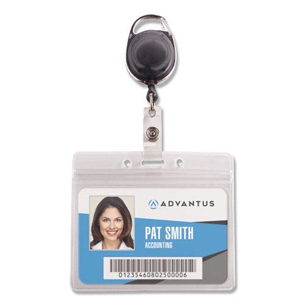 Resealable Id Badge Holders With 30" Cord Reel, Horizontal, Frosted 4.13" X 3.75" Holder, 3.75" X 2.63" Insert, 10/pack