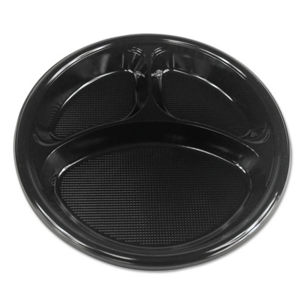 Hi-impact Plastic Dinnerware, 3-compartment Plate, 10" Dia, Black, 125/sleeve, 4 Sleeves/carton