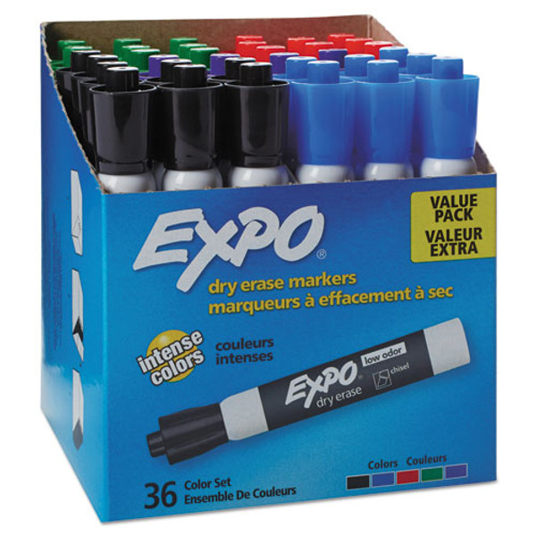 Low-odor Dry-erase Marker Value Pack, Broad Chisel Tip, Assorted Colors, 36/box