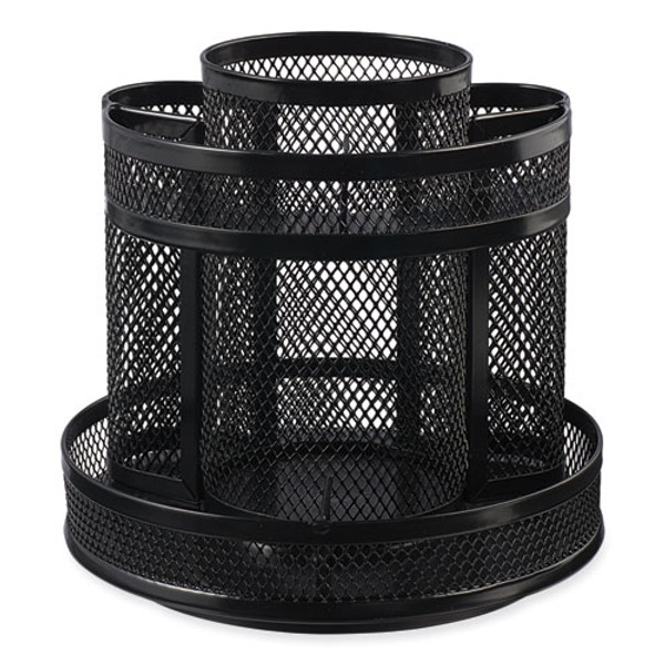 Metal Mesh Rotating Desktop Organizer, 8 Compartments, Metal Mesh, 6.5" Diameter X 6.13"h, Black