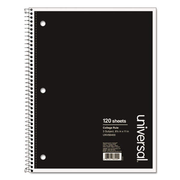 Wirebound Notebook, 3-subject, Medium/college Rule, Black Cover, (120) 11 X 8.5 Sheets