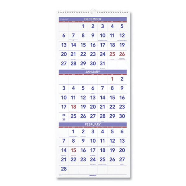 Deluxe Three-month Reference Wall Calendar, Vertical Orientation, 12 X 27, White Sheets, 14-month (dec To Jan): 2023 To 2025