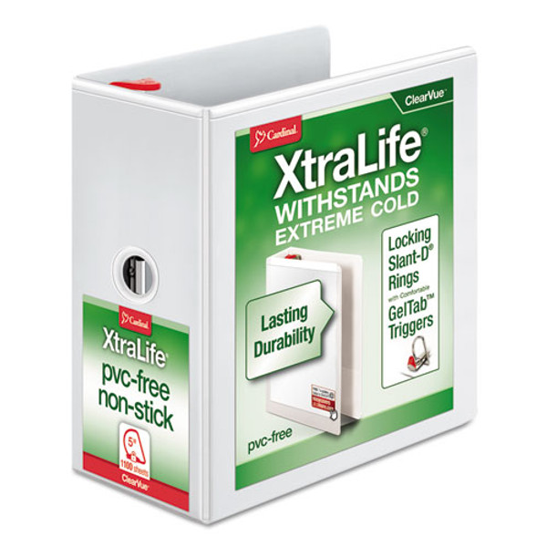 CRD26350 Cardinal® XtraLife® ClearVue™ Binder, Locking Slant-D® Rings, 5" with Shelf Pull, White, Holds 1,100 Sheets