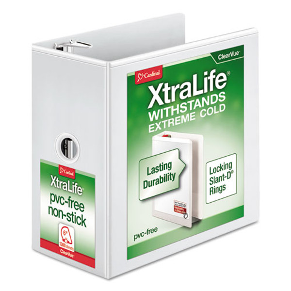 CRD26360 Cardinal® XtraLife® ClearVue™ Binder, Locking Slant-D® Rings, 6" with Shelf Pull, White, Holds 1,300 Sheets