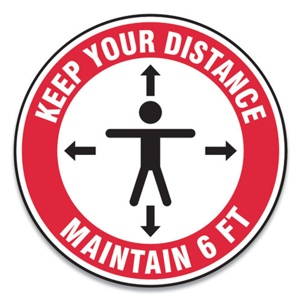 Slip-gard Social Distance Floor Signs, 12" Circle, "keep Your Distance Maintain 6 Ft", Human/arrows, Red/white, 25/pack