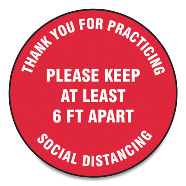 Slip-gard Floor Signs, 17" Circle, "thank You For Practicing Social Distancing Please Keep At Least 6 Ft Apart", Red, 25/pack