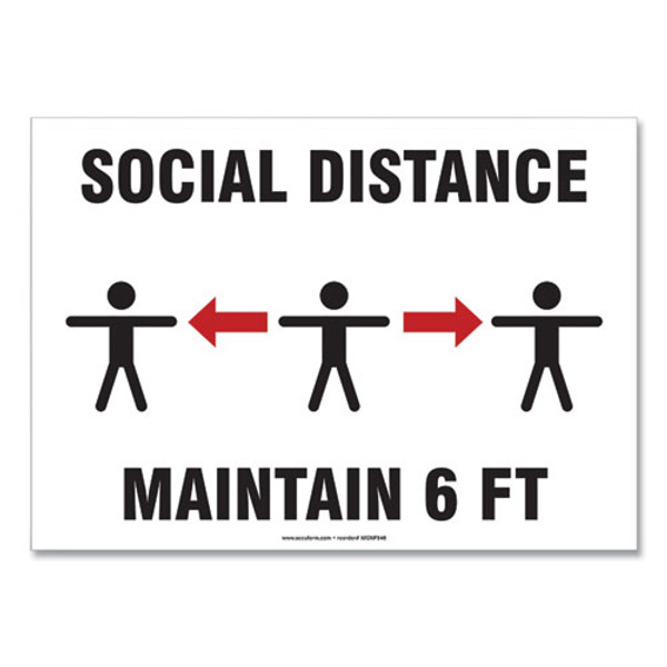 Social Distance Signs, Wall, 10 X 7, "social Distance Maintain 6 Ft", 3 Humans/arrows, White, 10/pack