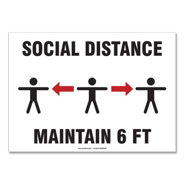 Social Distance Signs, Wall, 14 X 10, "social Distance Maintain 6 Ft", 3 Humans/arrows, White, 10/pack