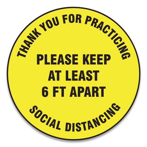 Slip-gard Floor Signs, 17" Circle,"thank You For Practicing Social Distancing Please Keep At Least 6 Ft Apart", Yellow, 25/pk