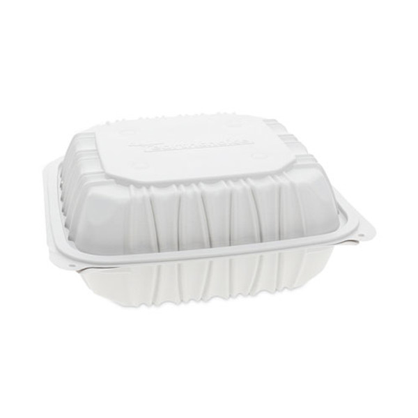 Earthchoice Vented Microwavable Mfpp Hinged Lid Container, 8.5 X 8.5 X 3.1, White, Plastic, 146/carton