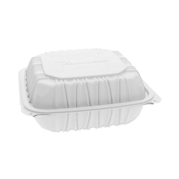 Earthchoice Vented Microwavable Mfpp Hinged Lid Container, 3-compartment, 8.5 X 8.5 X 3.1, White, Plastic, 146/carton