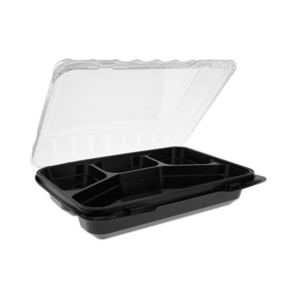 Dual Color Smartlock Hinged Lid Container, 4-compartment, 10.75 X 8 X 3.25, Black Base/clear Top, Plastic, 125/carton