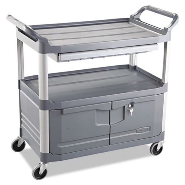 Xtra Instrument Cart With Locking Storage Area, Plastic, 3 Shelves, 300 Lb Capacity, 20" X 40.63" X 37.8", Gray