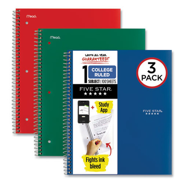 Wirebound Notebook With Two Pockets, 1-subject, Med/college Rule, Asst Cover Color (red/gn/bl), (100) 11 X 8.5 Sheets, 3/pack