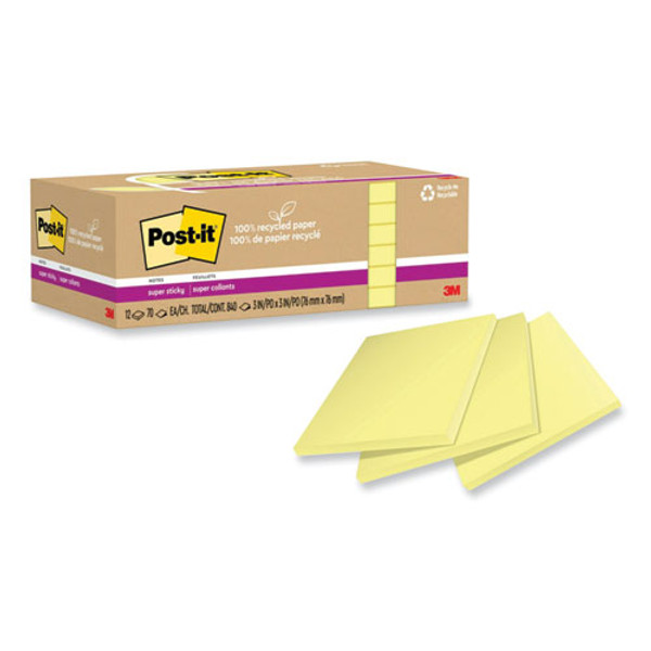 100% Recycled Paper Super Sticky Notes, 3" X 3", Canary Yelow, 70 Sheets/pad, 12 Pads/pack