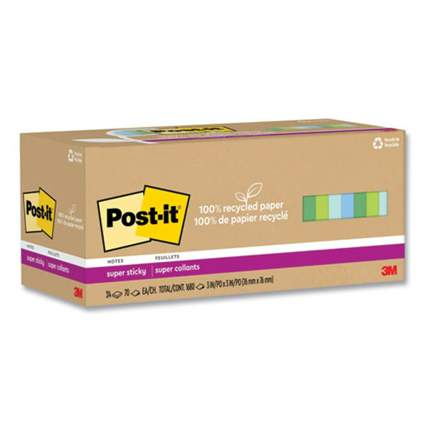 100% Recycled Paper Super Sticky Notes, 3" X 3", Oasis, 70 Sheets/pad, 24 Pads/pack