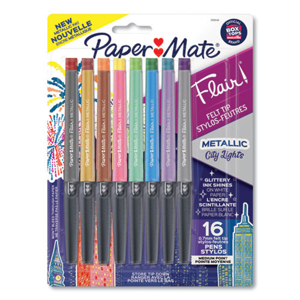 Flair Metallic Porous Point Pen, Stick, Medium 0.7 Mm, Assorted Ink And Barrel Colors, 16/pack