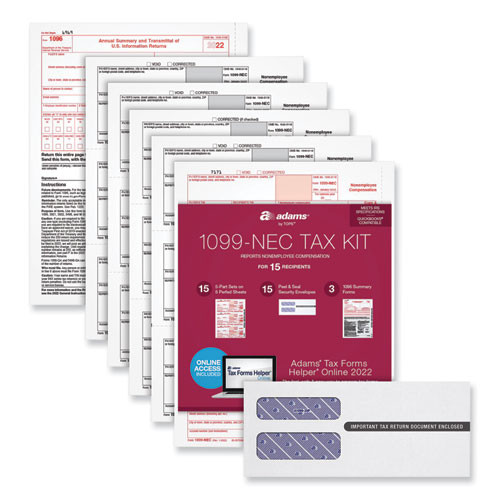4-part 1099-nec Tax Form Kit With Security Envelopes And Tax Forms Helper, 2024, 8.5 X 3.66, 3 Forms/sheet, 15 Forms Total