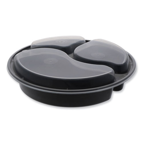 Newspring Versatainer Microwavable Containers, Round, 3-compartment, 39 Oz, 9 X 9 X 2.25, Black/clear, Plastic, 150/carton