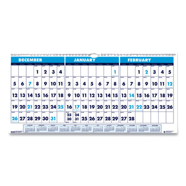 Recycled Three-month Format Wall Calendar, Horizontal Orientation, 23.5 X 12, White Sheets, 14-month (dec-jan): 2023-2025