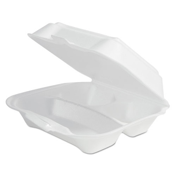 Foam Hinged Lid Container Secure One Tab Latch, 3-compartment, 7.81 X 8.75 X 3.38, White, 100/sleeve, 2 Sleeves/bag, 1 Bag/pk
